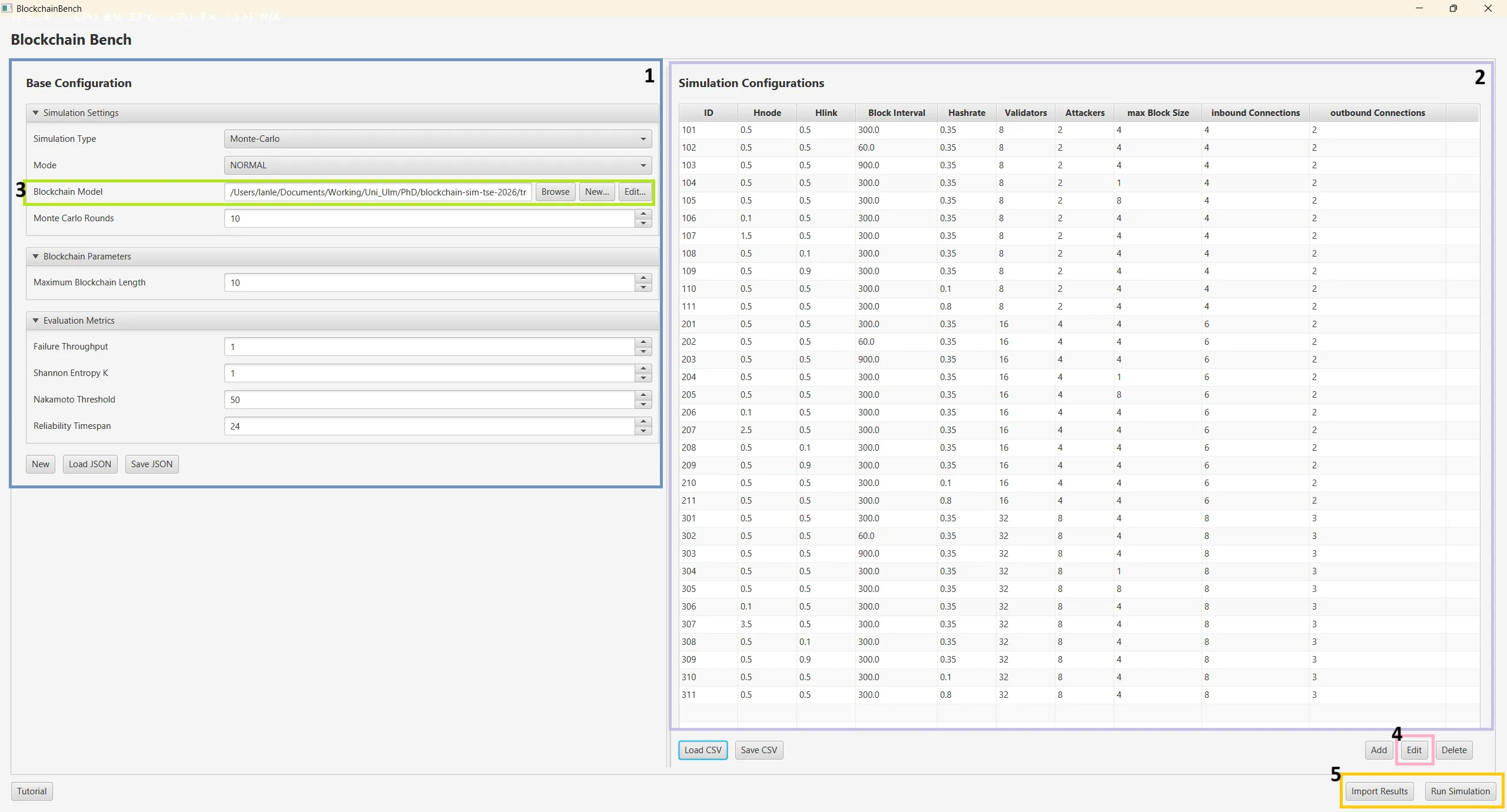 The configuration view: base configuration on the left, the simulation configuration table on the right, with the five areas described below marked 1 to 5