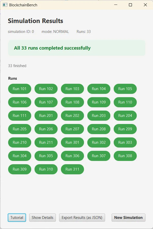 The results view: a green banner "All 33 runs completed successfully" above a grid of green run chips