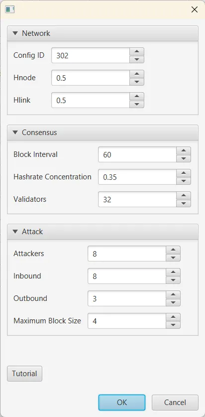 The simulation configuration dialog with its Network, Consensus and Attack sections