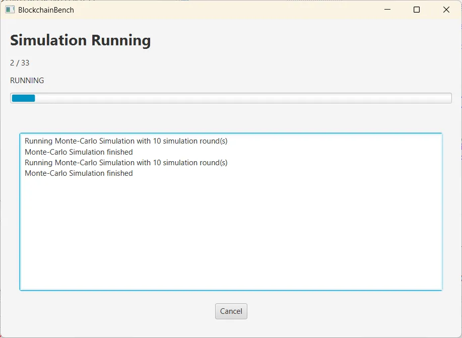 The running-simulation view: 2 of 33 runs finished, status RUNNING, progress bar and the simulator log
